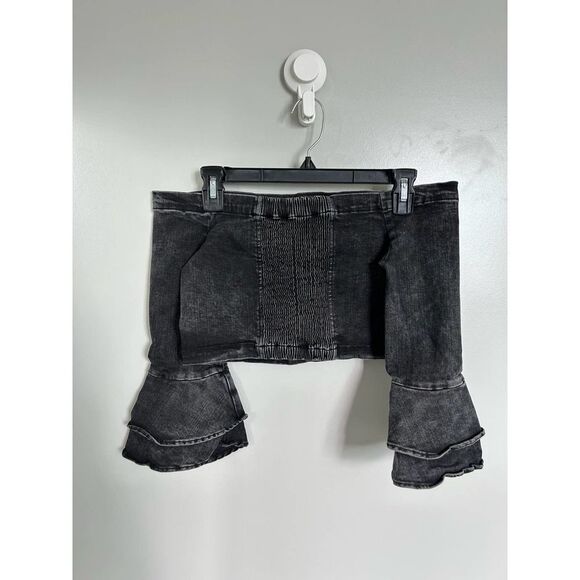 Zara EUC Denim Cropped Off Shoulder Top Ruffled Sleeves Size S - Picture 10 of 15